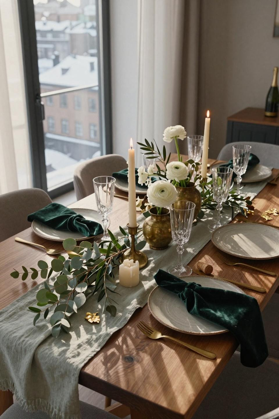 New Year Table Set Up - sage linen on walnut with brass vessels