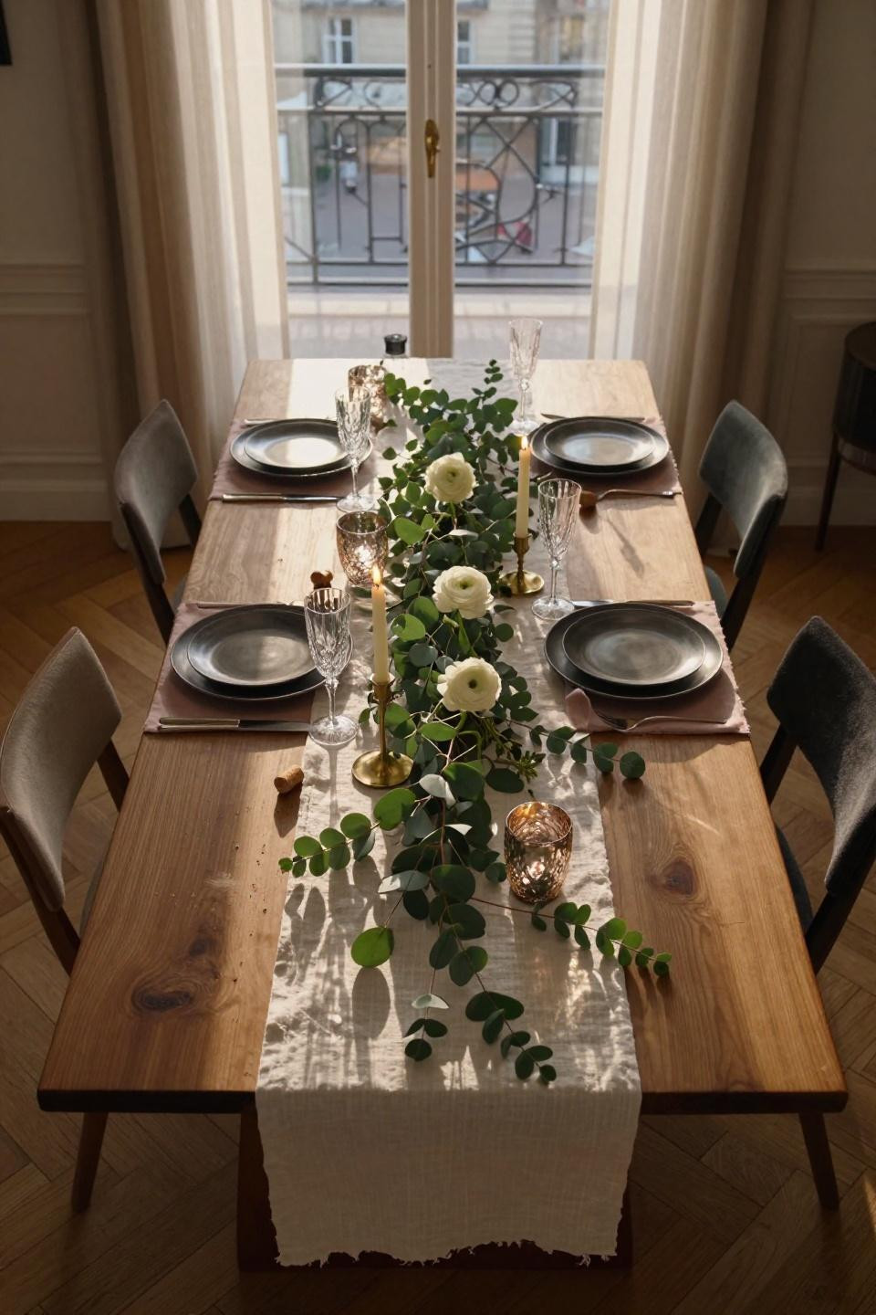 New Year Dinner Table - live-edge walnut with ivory linen runner