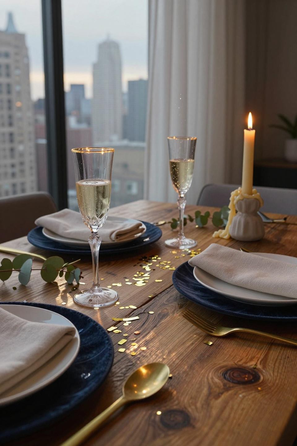Nye Table Decor - closeup of brass flatware and champagne bubbles