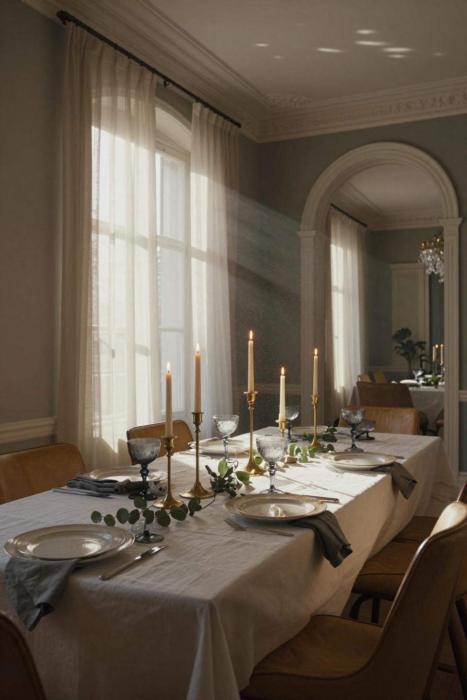New Year Table Setting Ideas - honey oak with brass candlesticks
