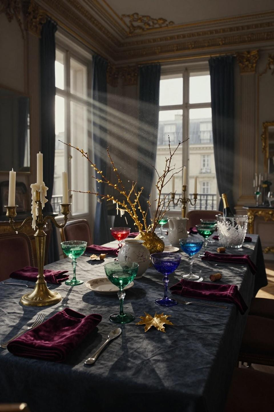 New Year's Eve Table Setting - maximalist Parisian setup with midnight blue and brass