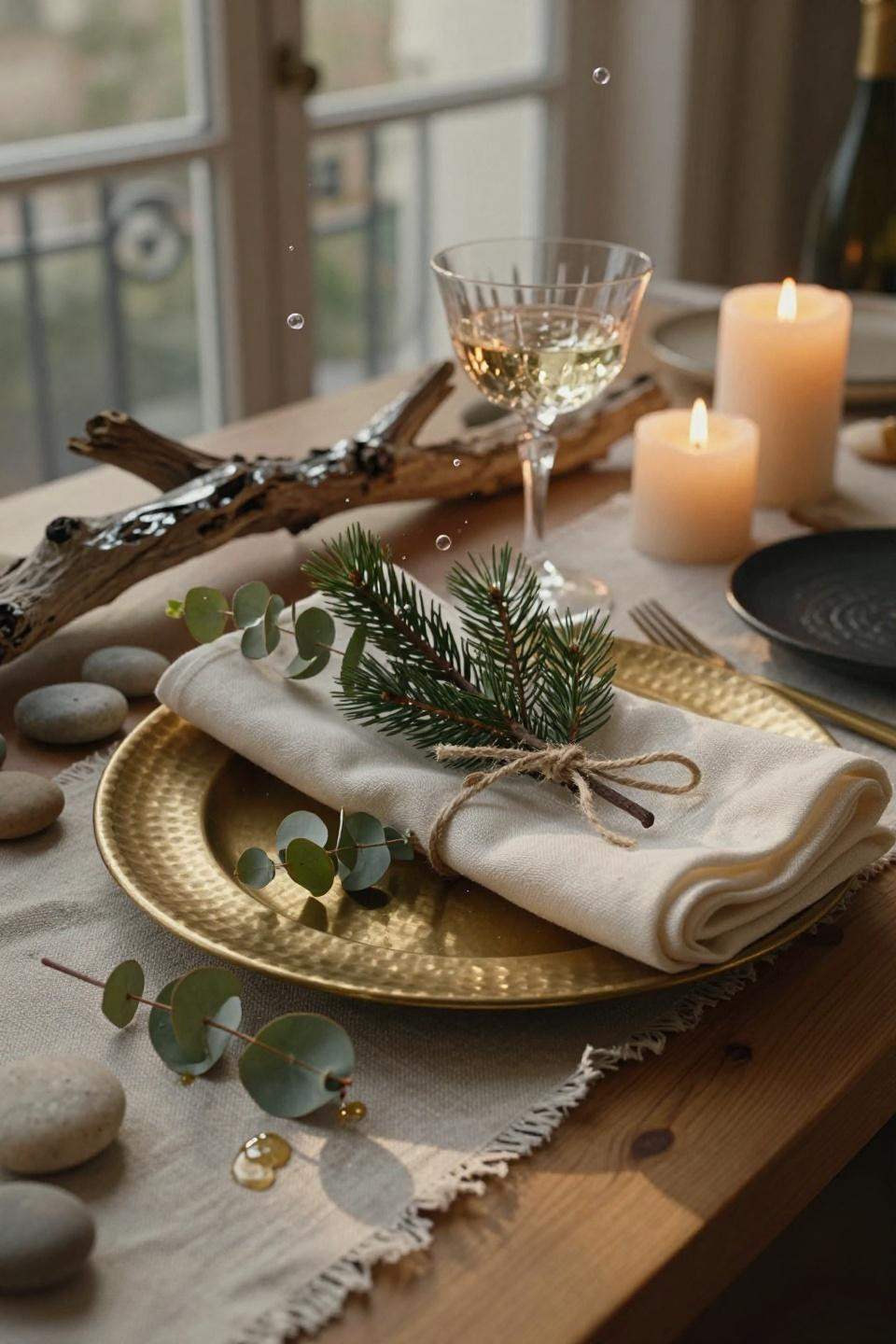 New Years Eve Table Setting - brass charger with jute-tied napkin