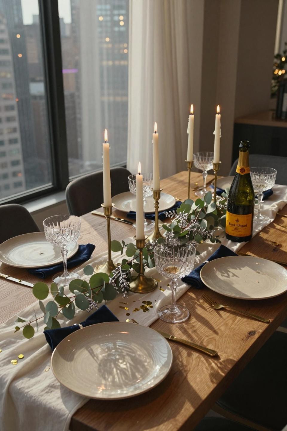 Nye Table Setting - reclaimed oak with champagne gold accents