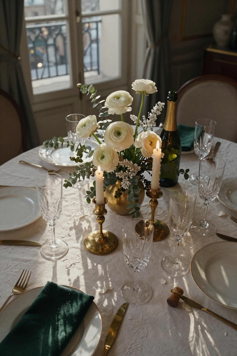 New Year's Eve Table Decor - ivory tablecloth with sculptural brass candleholders
