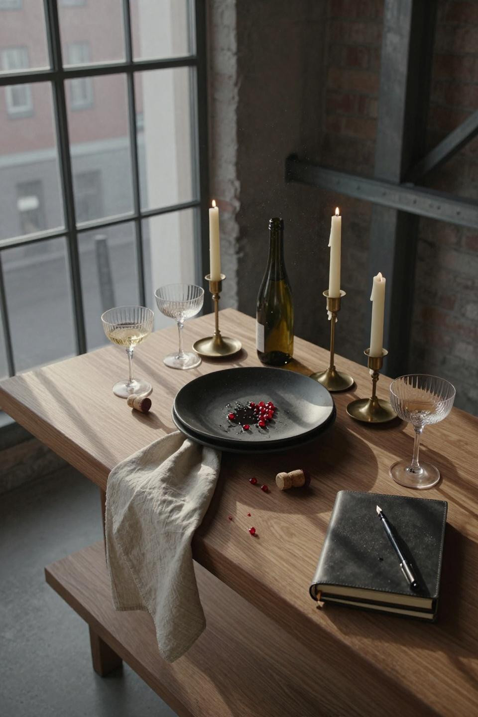New Years Eve Tablescape - floating walnut shelves with brass candlesticks