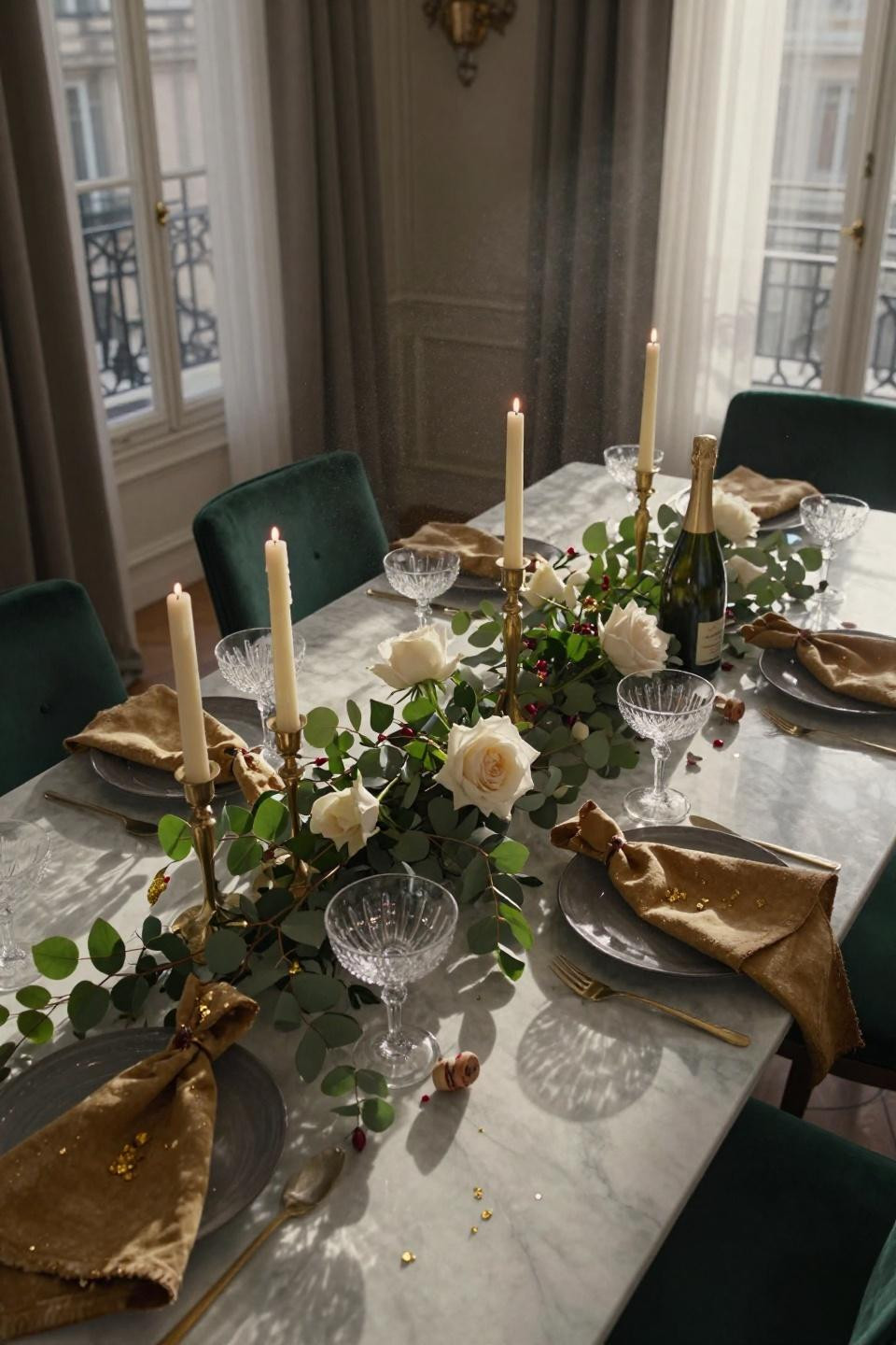New Year Table Set Up - eucalyptus and olive branch runner