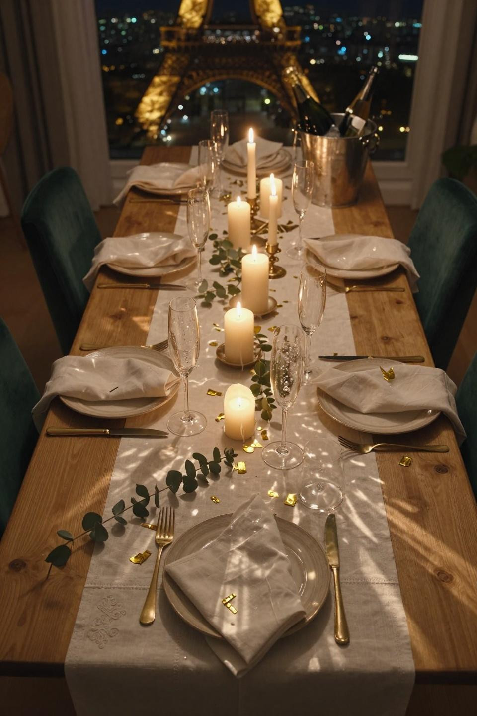 New Year Dinner Table - reclaimed oak with ivory linen and eucalyptus