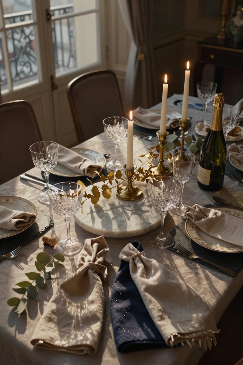 Nye Table Decor - Carrara marble lazy Susan with gold eucalyptus