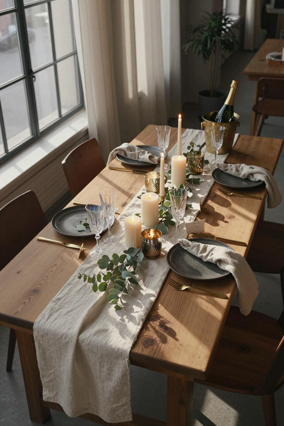 New Year's Eve Table Setting - reclaimed oak with ivory runner and brass