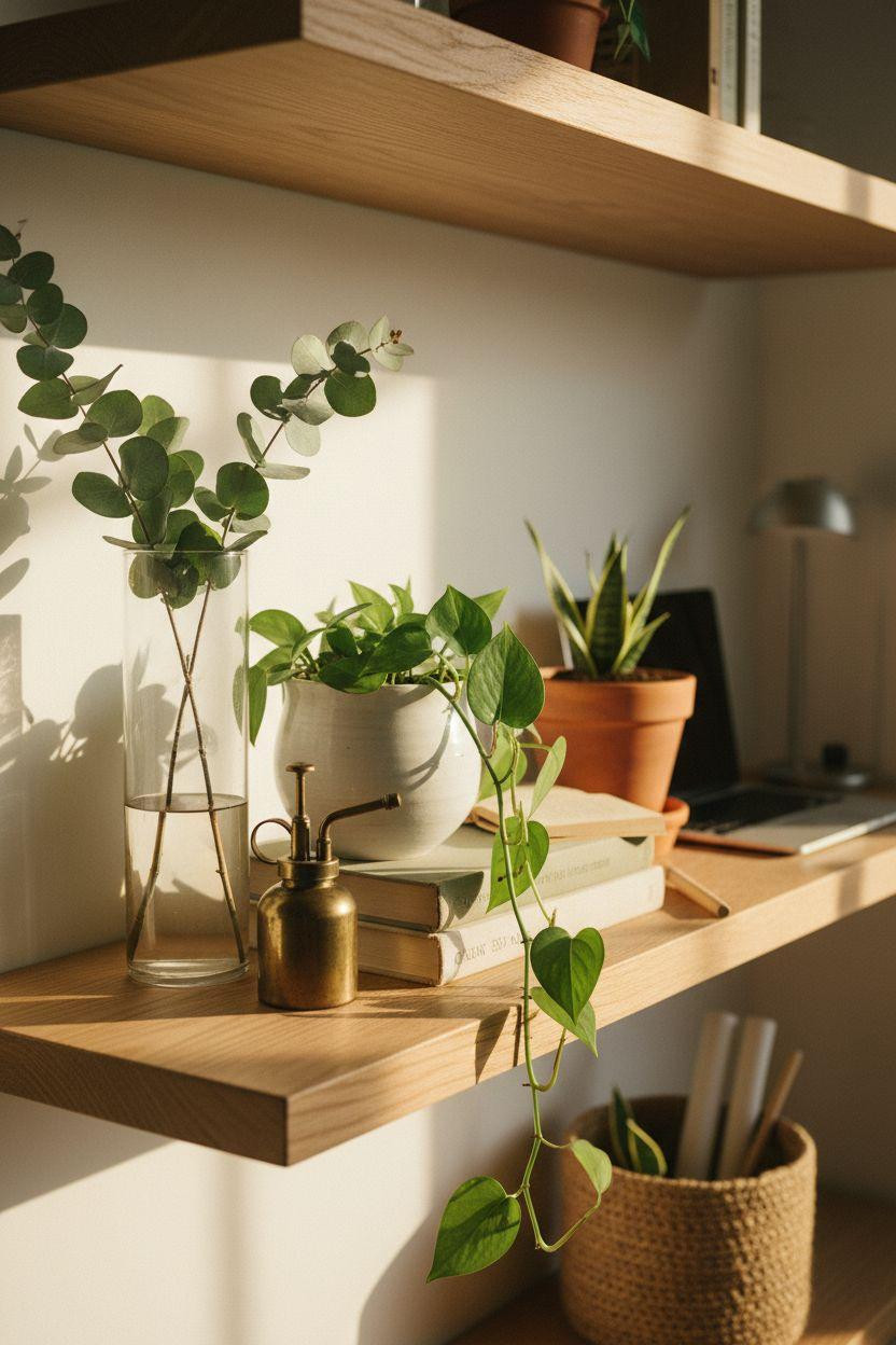 Office Room Ideas - close-up of oak shelves with plants and books