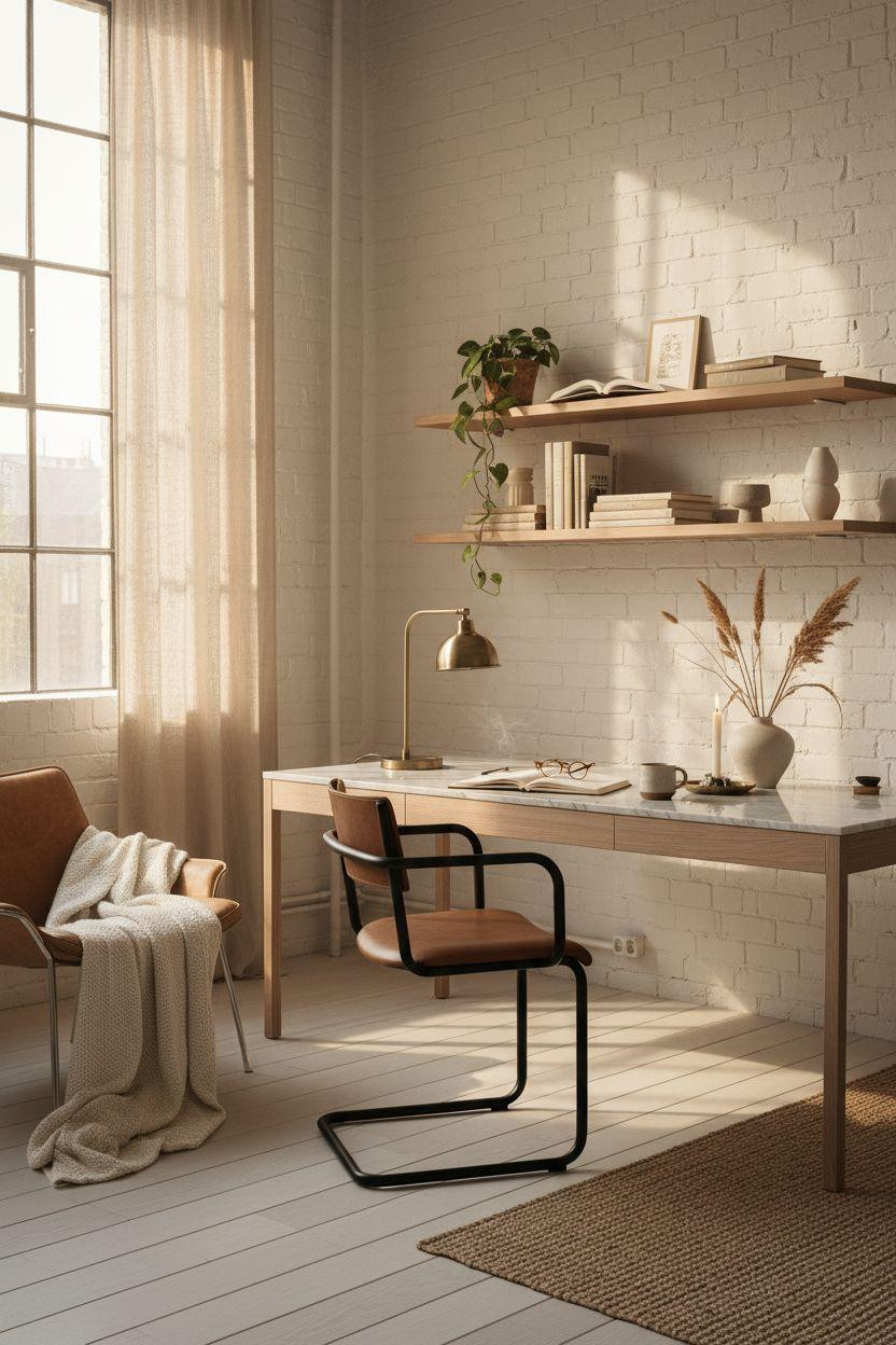 Office Room Ideas - corner office with exposed brick and oak desk