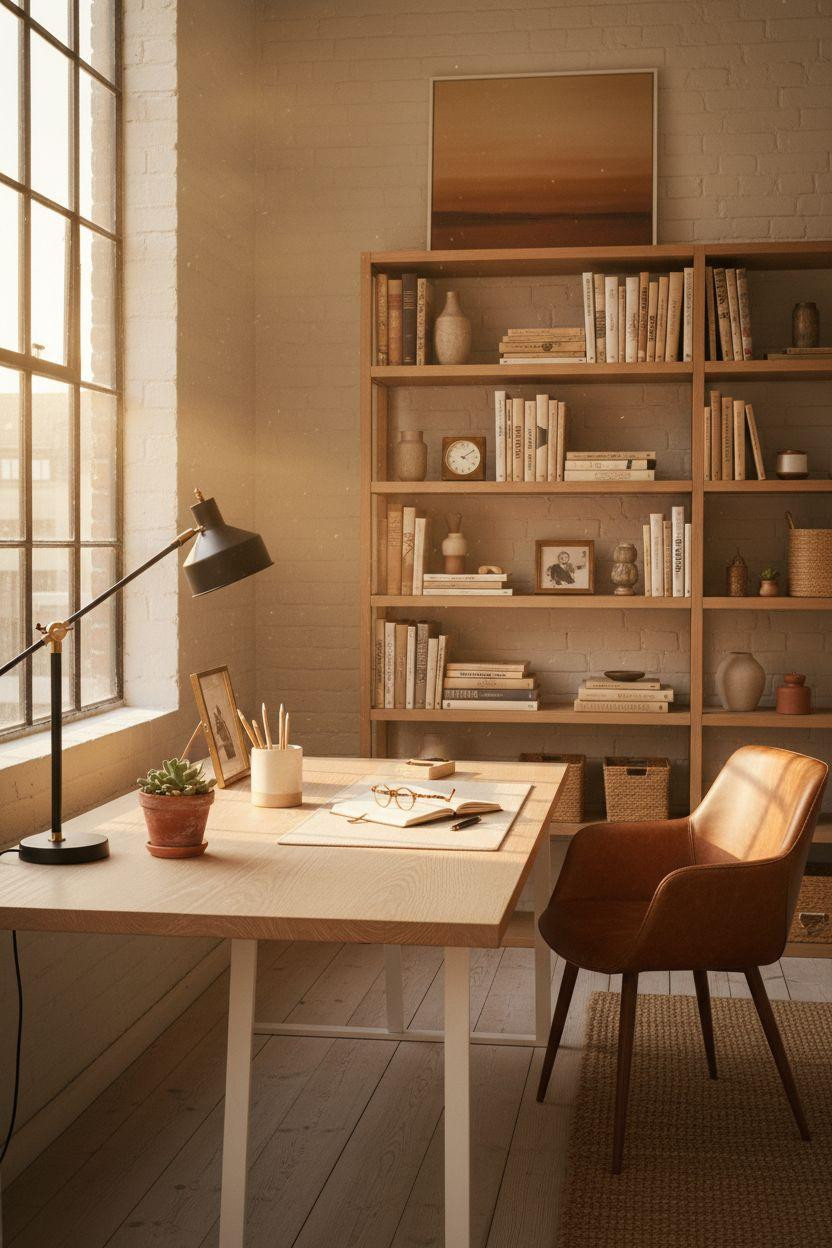 Office Room Ideas - oak desk with brass brackets and copper organizer