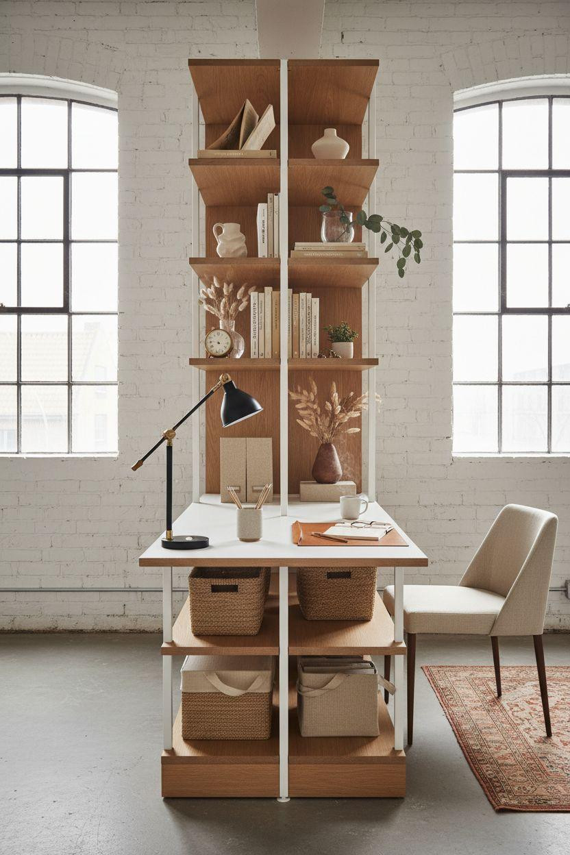 Office Room Ideas - floating oak shelving with minimalist desk below