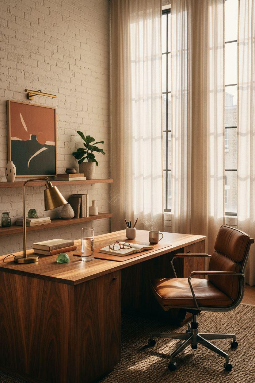 Office Room Ideas - walnut desk in townhouse with exposed brick wall