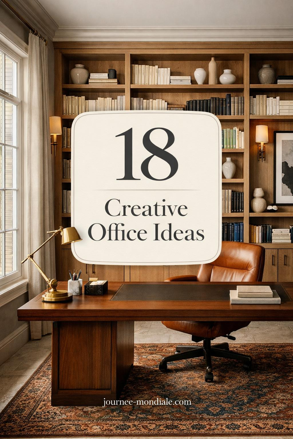 Elegant home office featuring white oak built-in shelving, walnut executive desk with brass lamp, cognac leather chair, greige walls, Belgian linen drapes, and vintage Persian rug