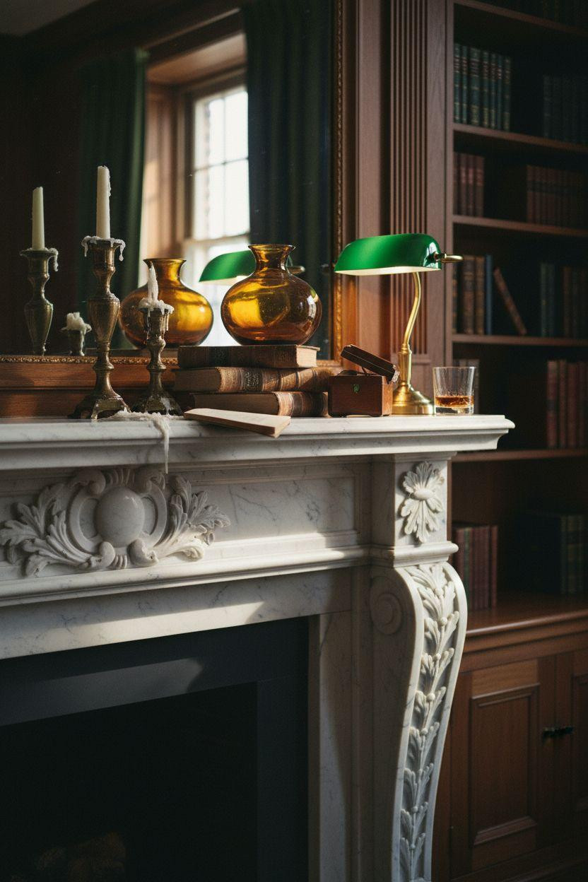 Mansion aesthetic fireplace detail with aged bronze