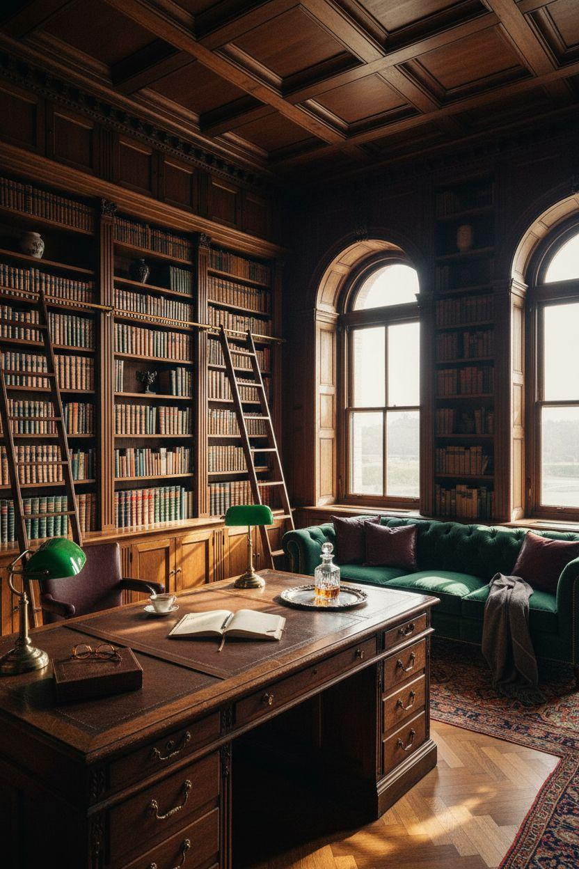 Mansion aesthetic library with double-height shelving