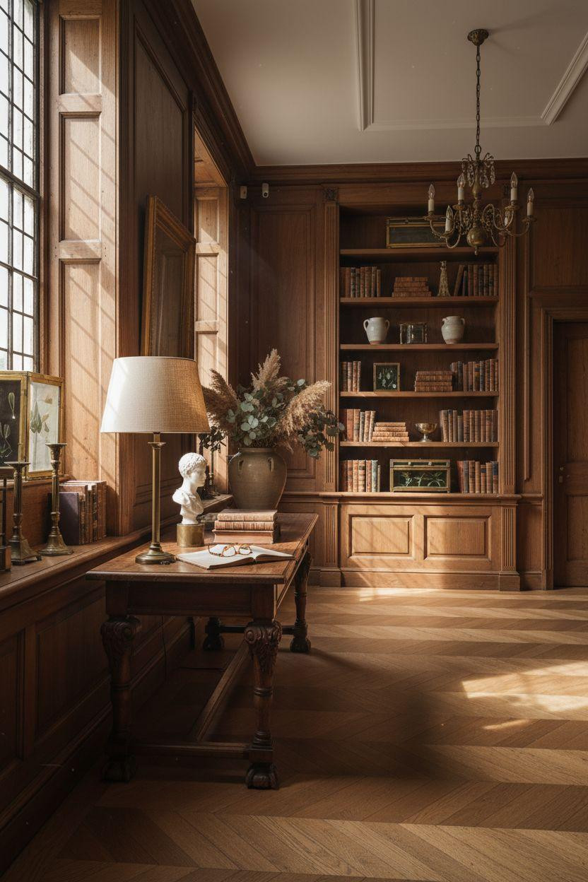 Mansion aesthetic wood-paneled hallway with shelving