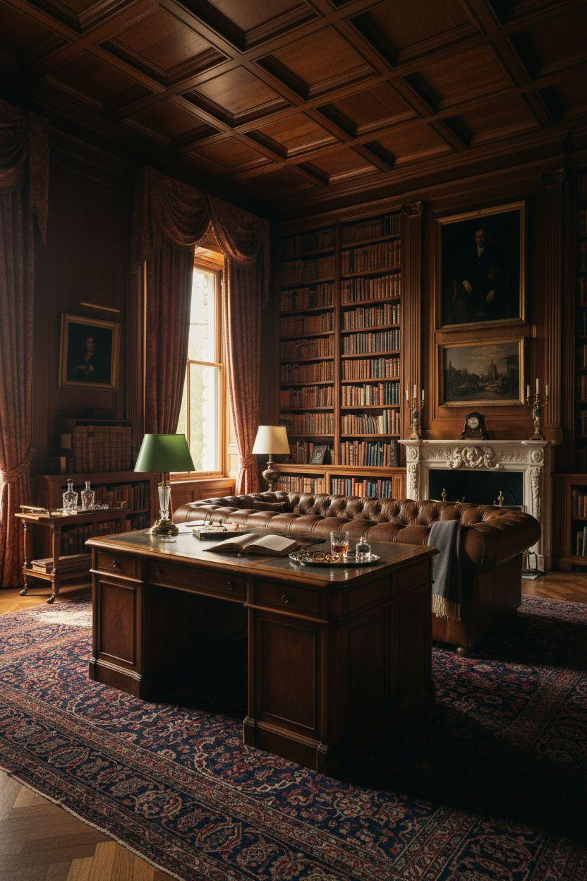 Mansion aesthetic library with floor-to-ceiling mahogany shelving