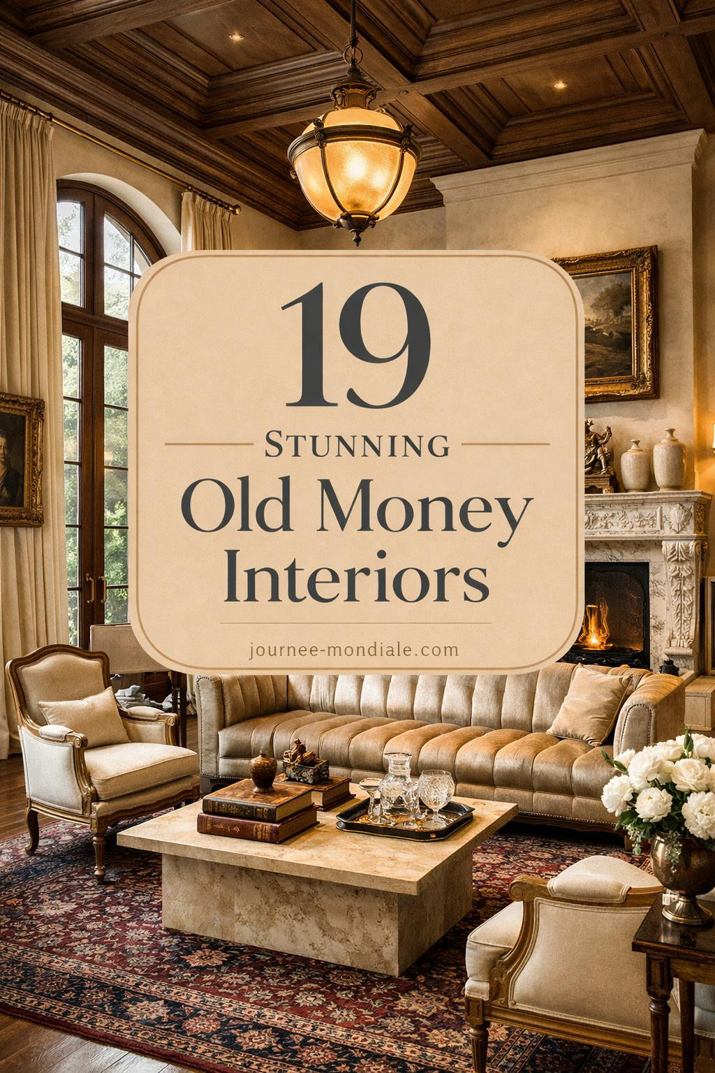 Luxurious grand salon with coffered walnut ceilings, Calacatta marble fireplace, champagne velvet sofa, Persian rug, antique furnishings, and elegant brass lighting