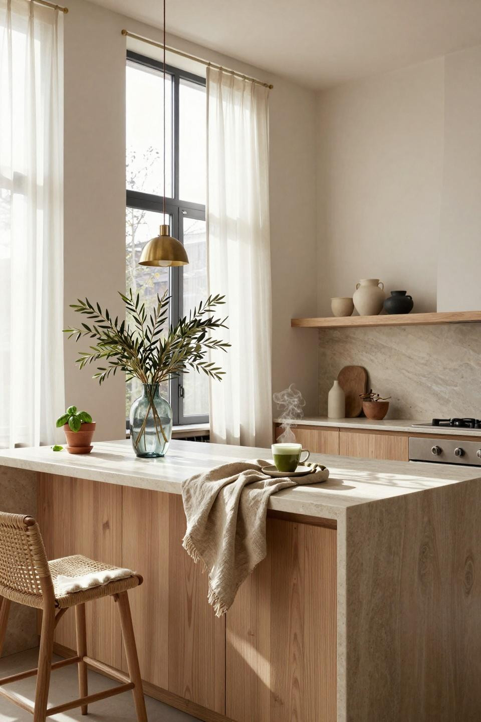 Organic Modern Kitchen with honed limestone island and white oak cabinetry
