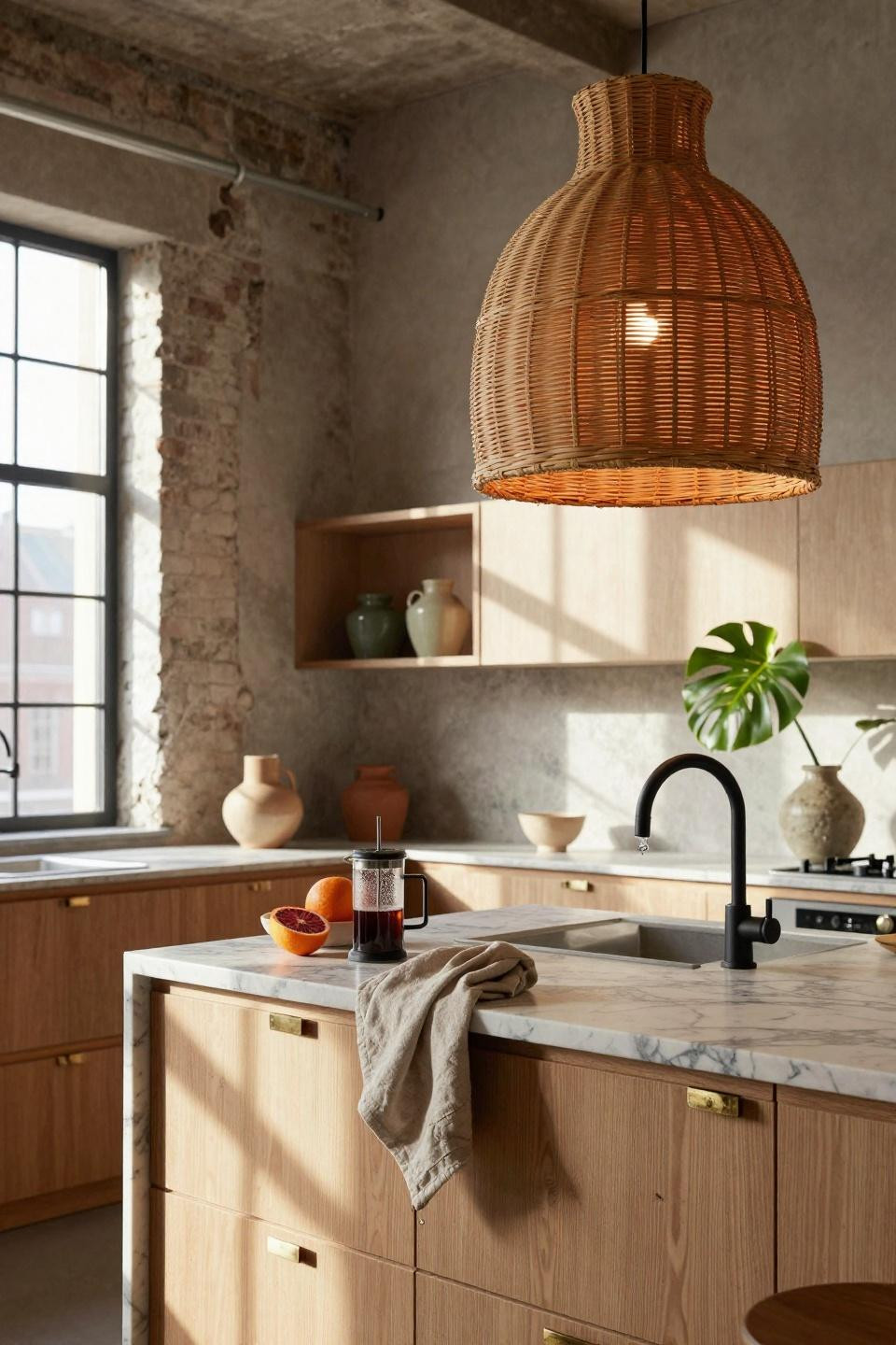 Organic Modern Kitchen with exposed brick and handwoven rattan pendant