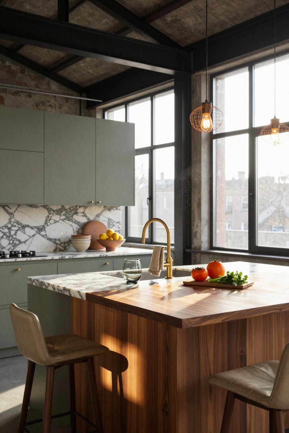 Organic Modern Kitchen with sage green cabinetry and walnut island