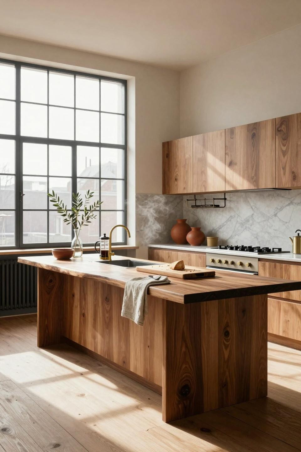 Organic Modern Kitchen with walnut island and geometric shadows