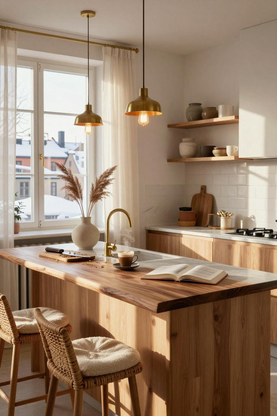 Organic Modern Kitchen with honey oak cabinetry and marble countertops