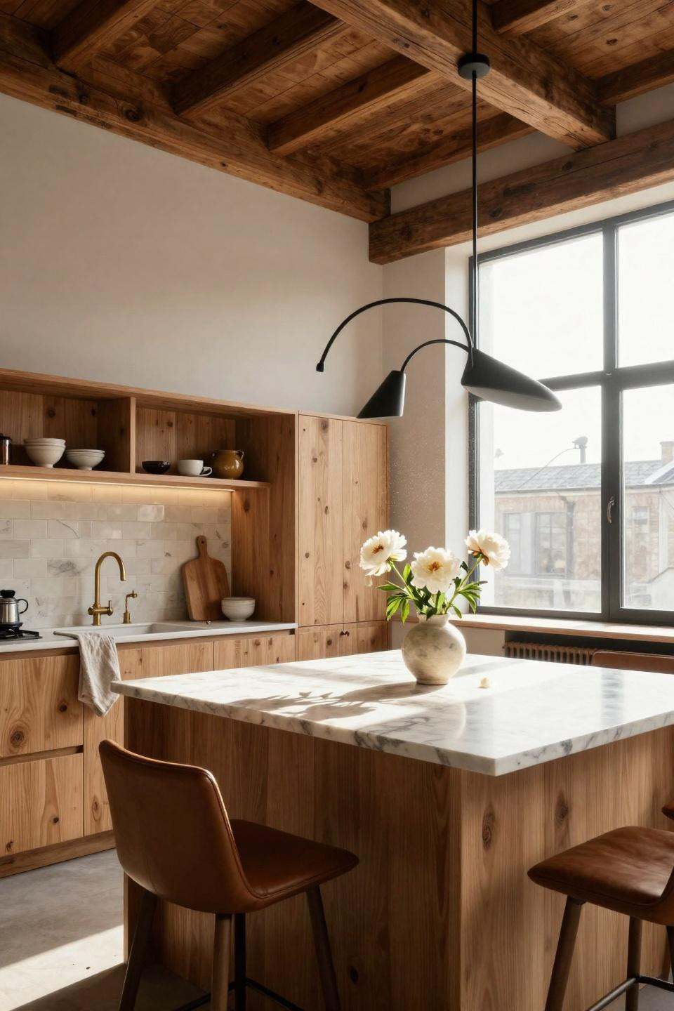 Organic Modern Kitchen with timber beams and Calacatta marble island