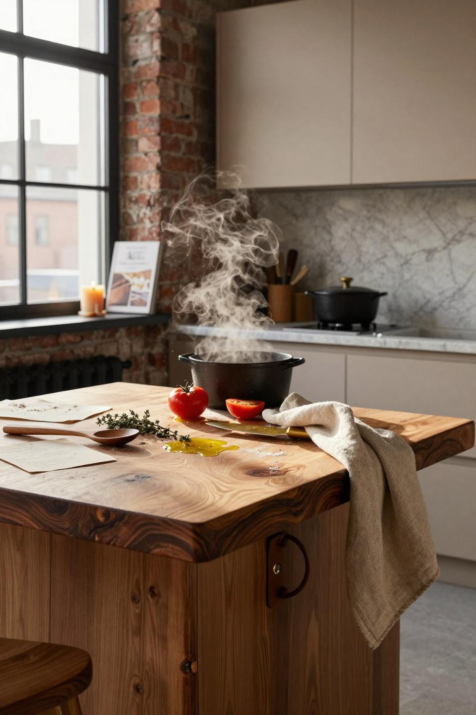 Organic Modern Kitchen with hand-carved oak butcher block and fresh thyme
