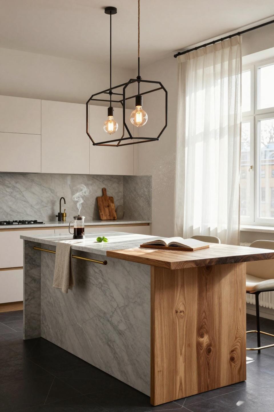 Organic Modern Kitchen with geometric steel pendant and Carrara marble