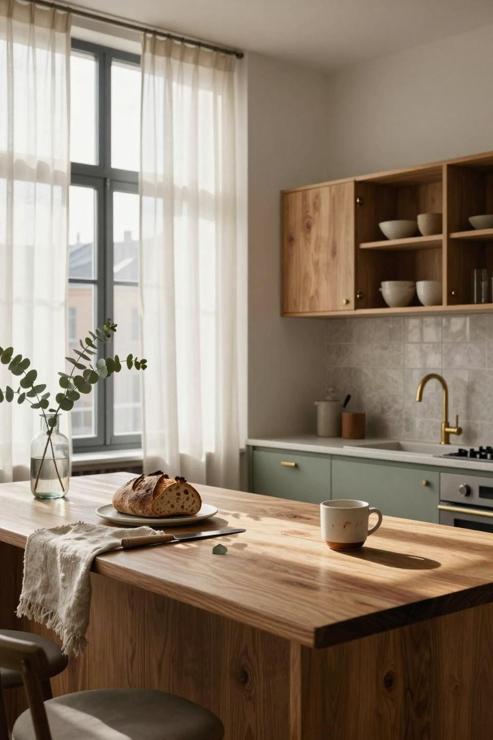 Organic Modern Kitchen with live-edge oak island and sage cabinets