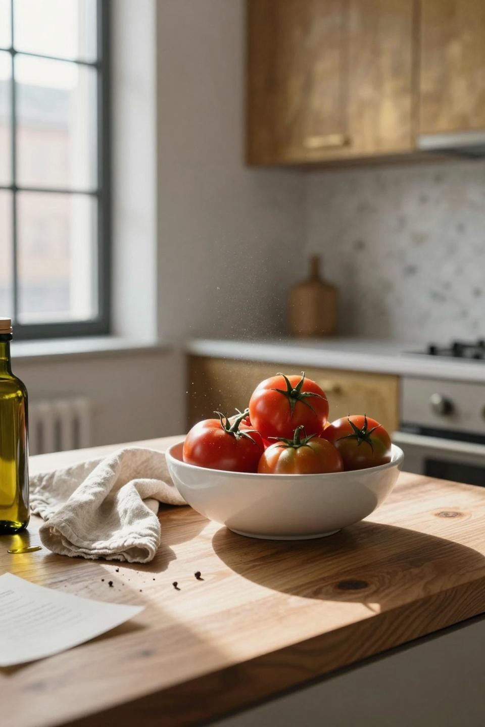 Organic Modern Kitchen detail with honey oak countertop and ceramic bowl