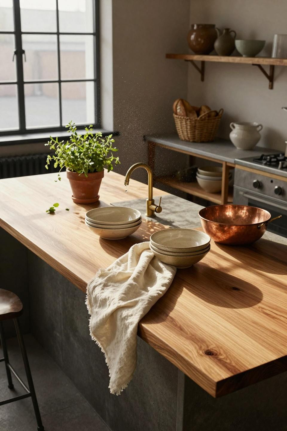 Organic Modern Kitchen island with honey oak and copper mixing bowl