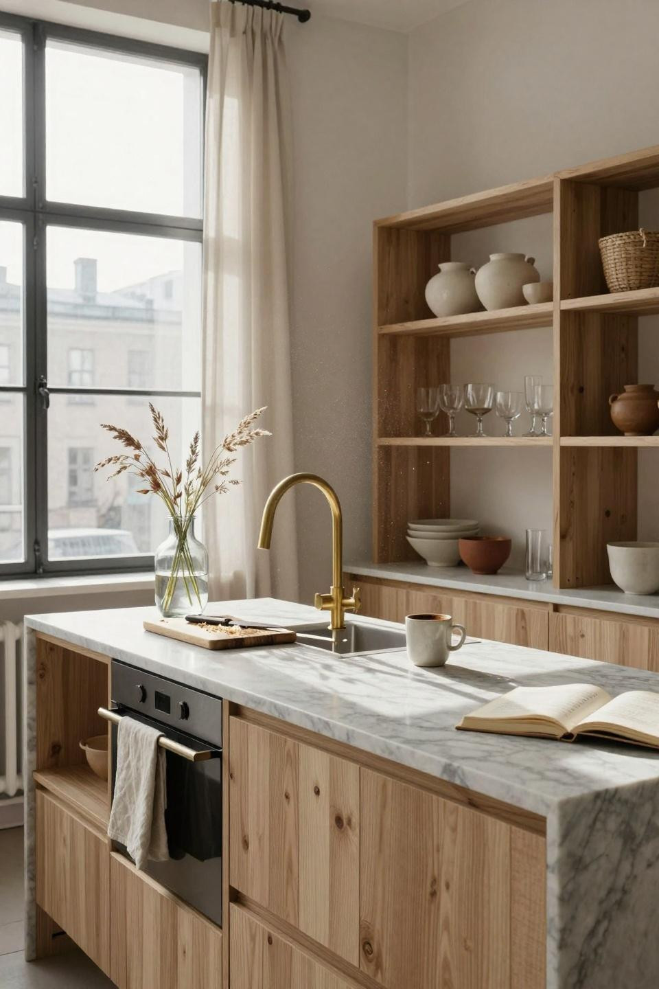 Organic Modern Kitchen with floor-to-ceiling oak shelving and pottery display
