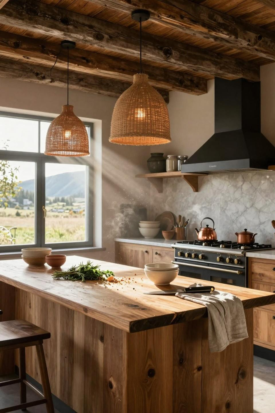 Organic Modern Kitchen with reclaimed oak island and timber beams