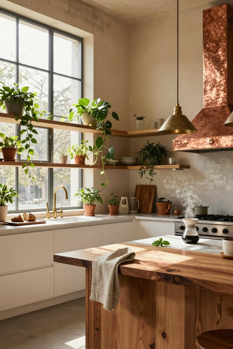 Organic Modern Kitchen with cascading greenery and walnut waterfall island