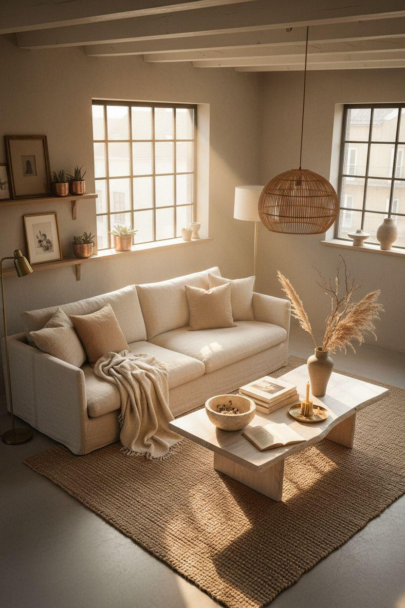 Organic Modern Living Room photographed from above with brass details
