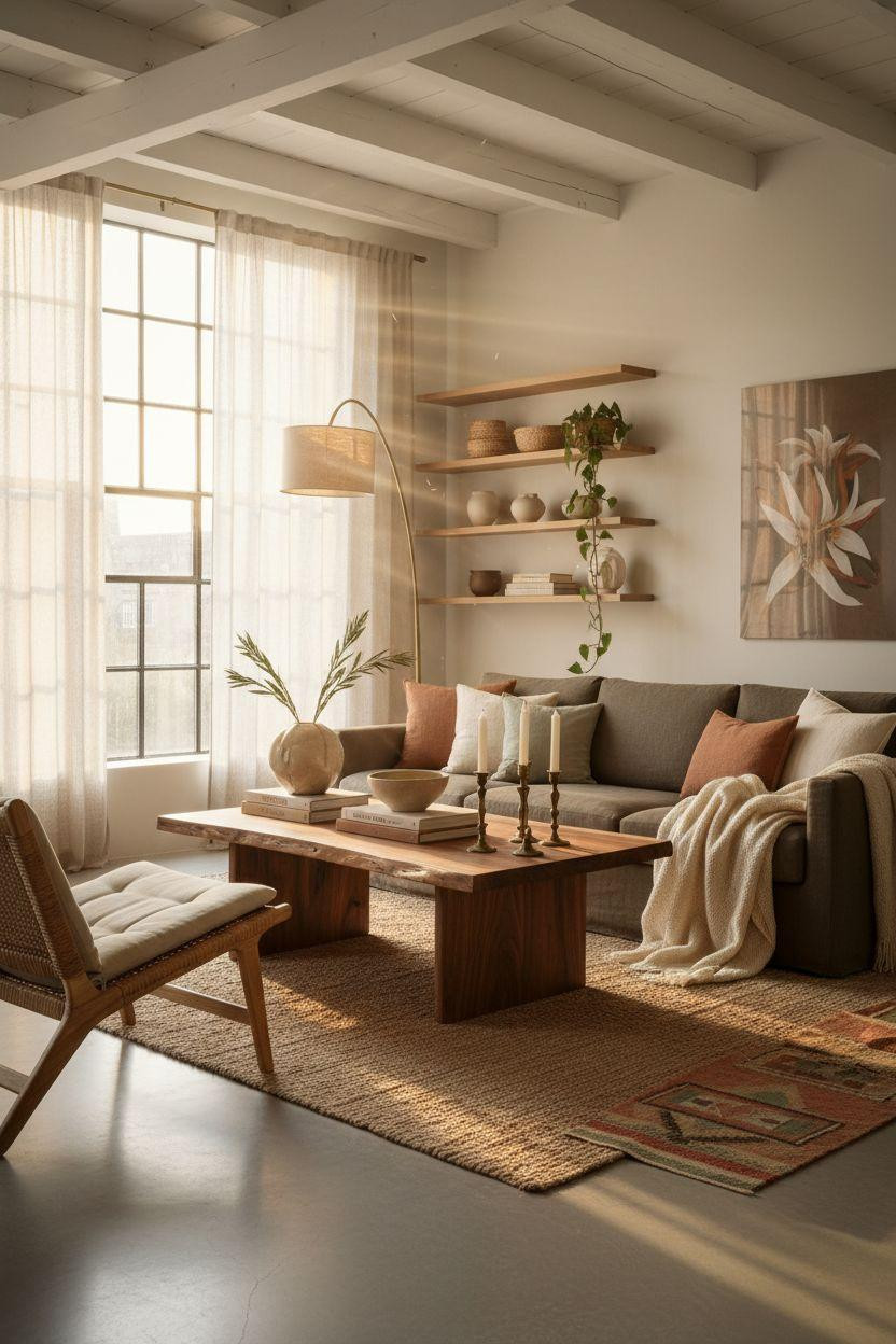 Organic Modern Living Room with dramatic walnut coffee table and layered textiles
