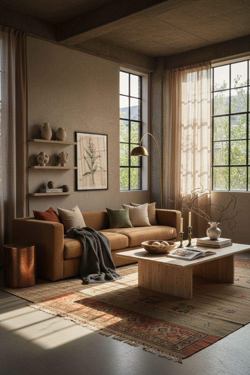 Organic Modern Living Room with travertine coffee table and metallic details