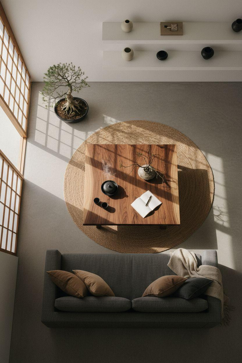 Organic Modern Living Room shot from above showing minimalist layout