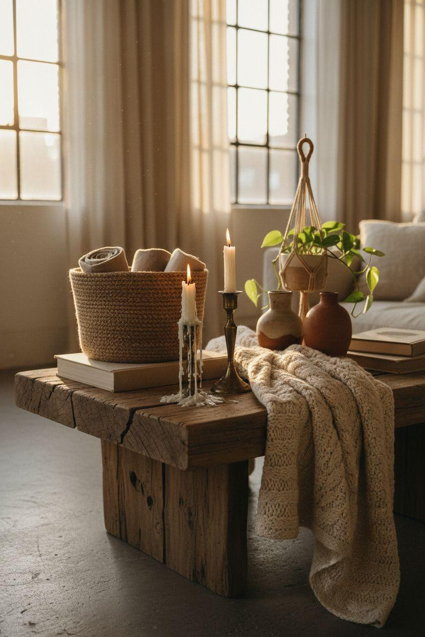 Organic Modern Living Room with bohemian textures and handcrafted details