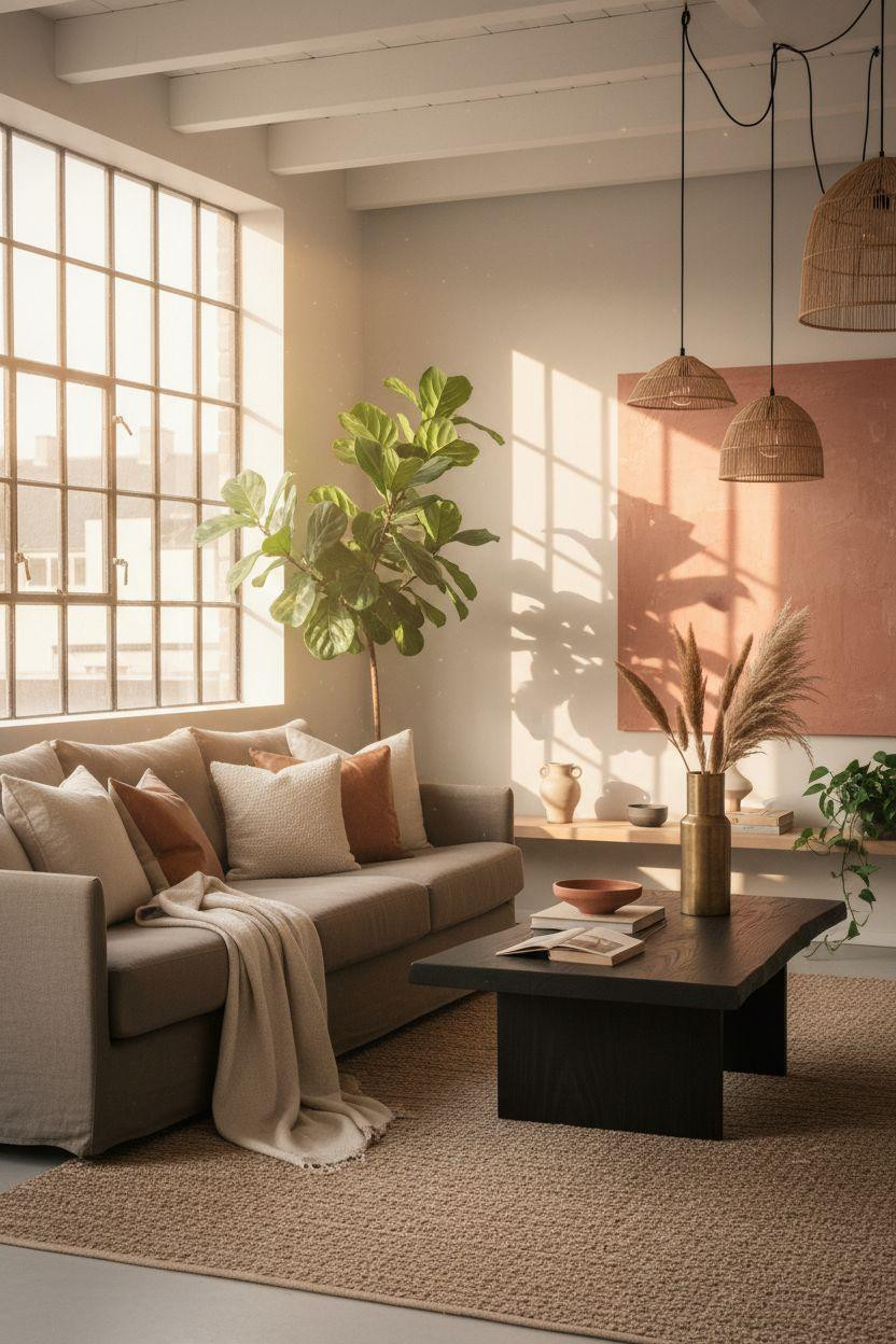 Organic Modern Living Room with layered textures and warm lighting