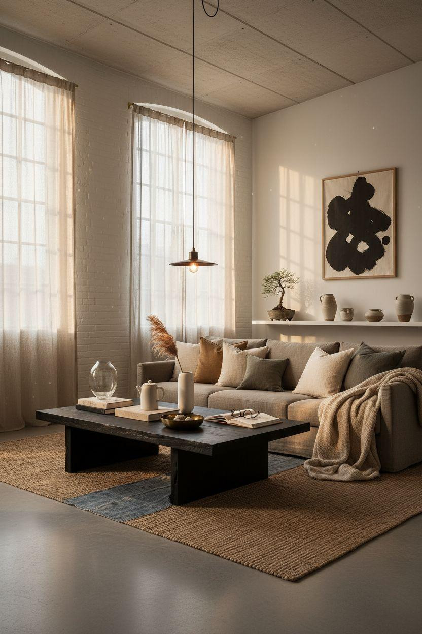 Organic Modern Living Room with natural textures and golden hour light