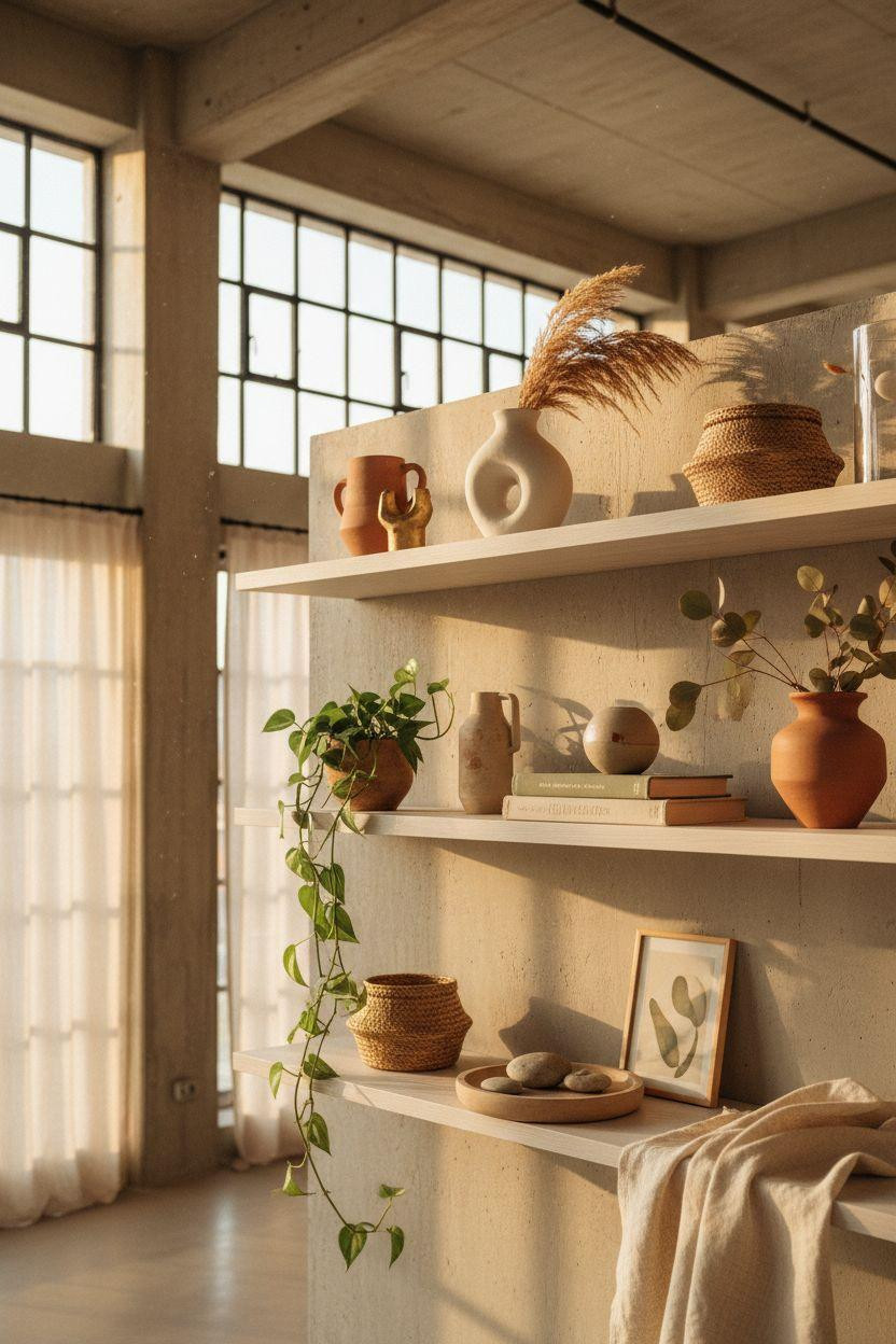 Organic Modern Living Room shelving display with curated objects