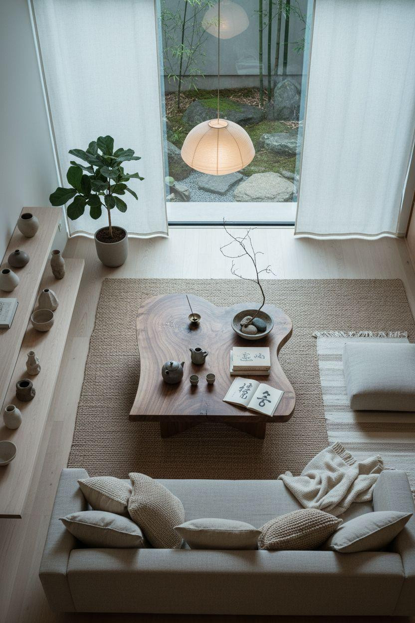 Organic Modern Living Room from above showing Japandi arrangement