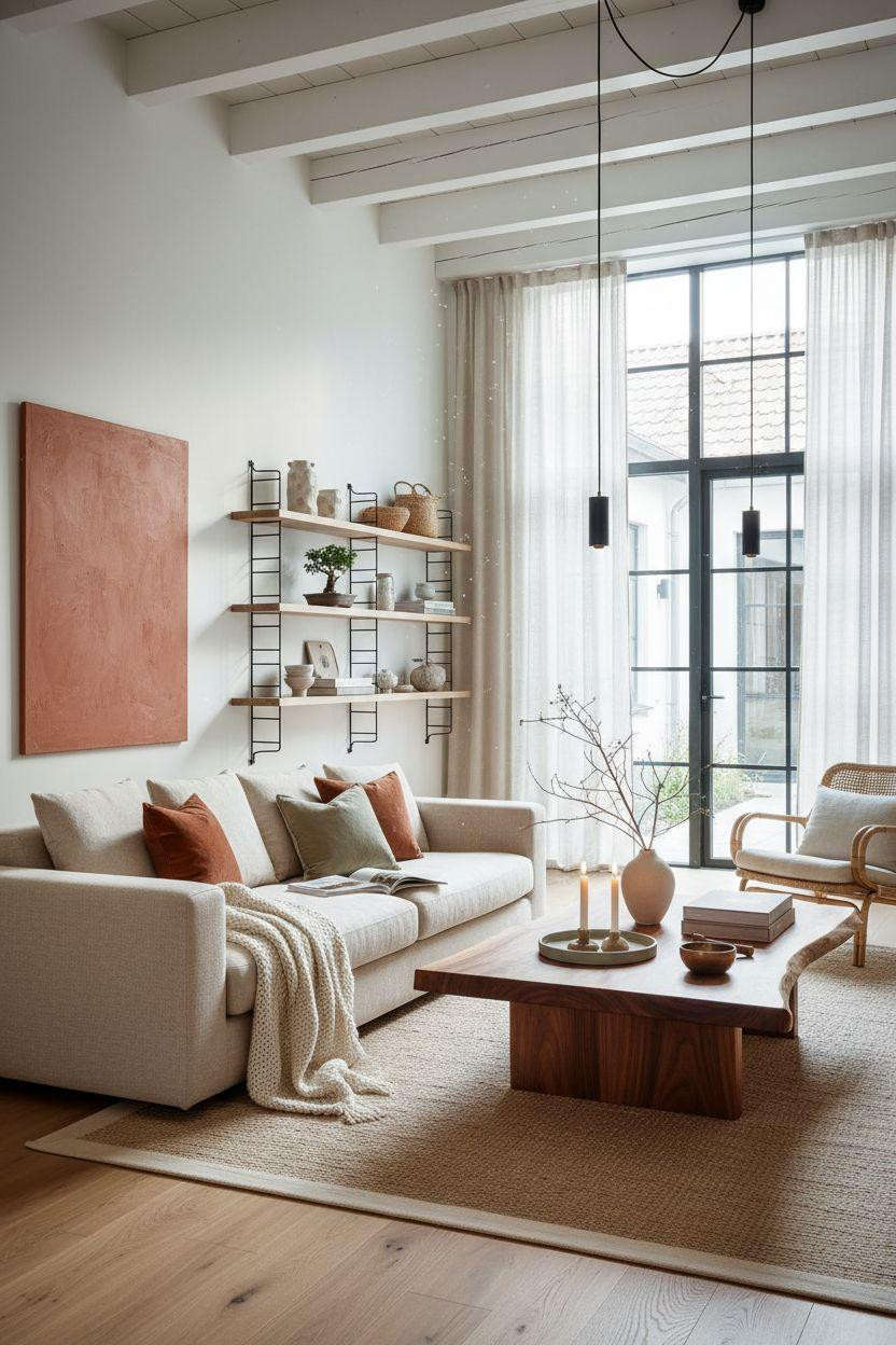 Organic Modern Living Room with Japandi aesthetics and earthy color pops