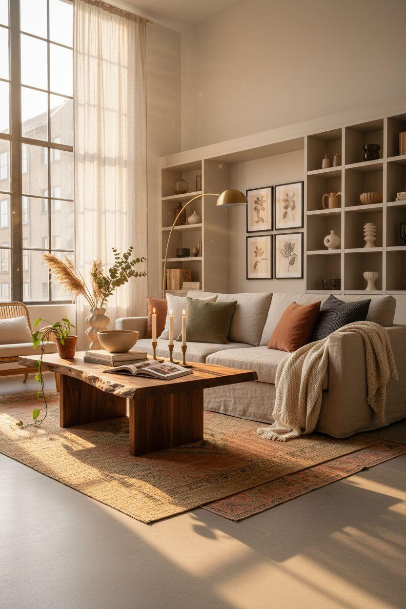 Organic Modern Living Room with pops of terracotta and sage green