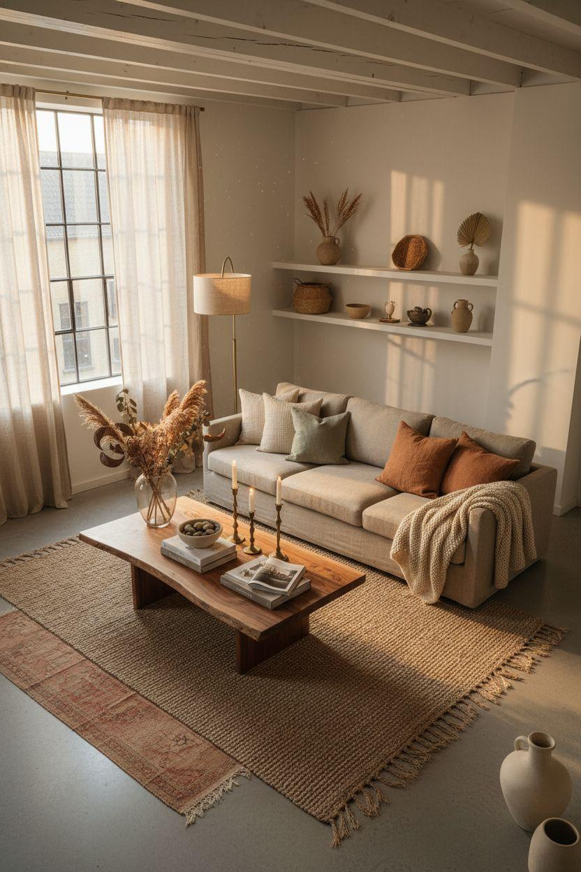 Organic Modern Living Room photographed from above showing layered styling